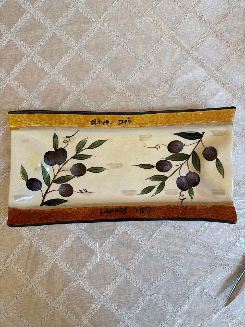 Hand-Painted Olive Motif Ceramic Vanity Tray - Cream & Brown